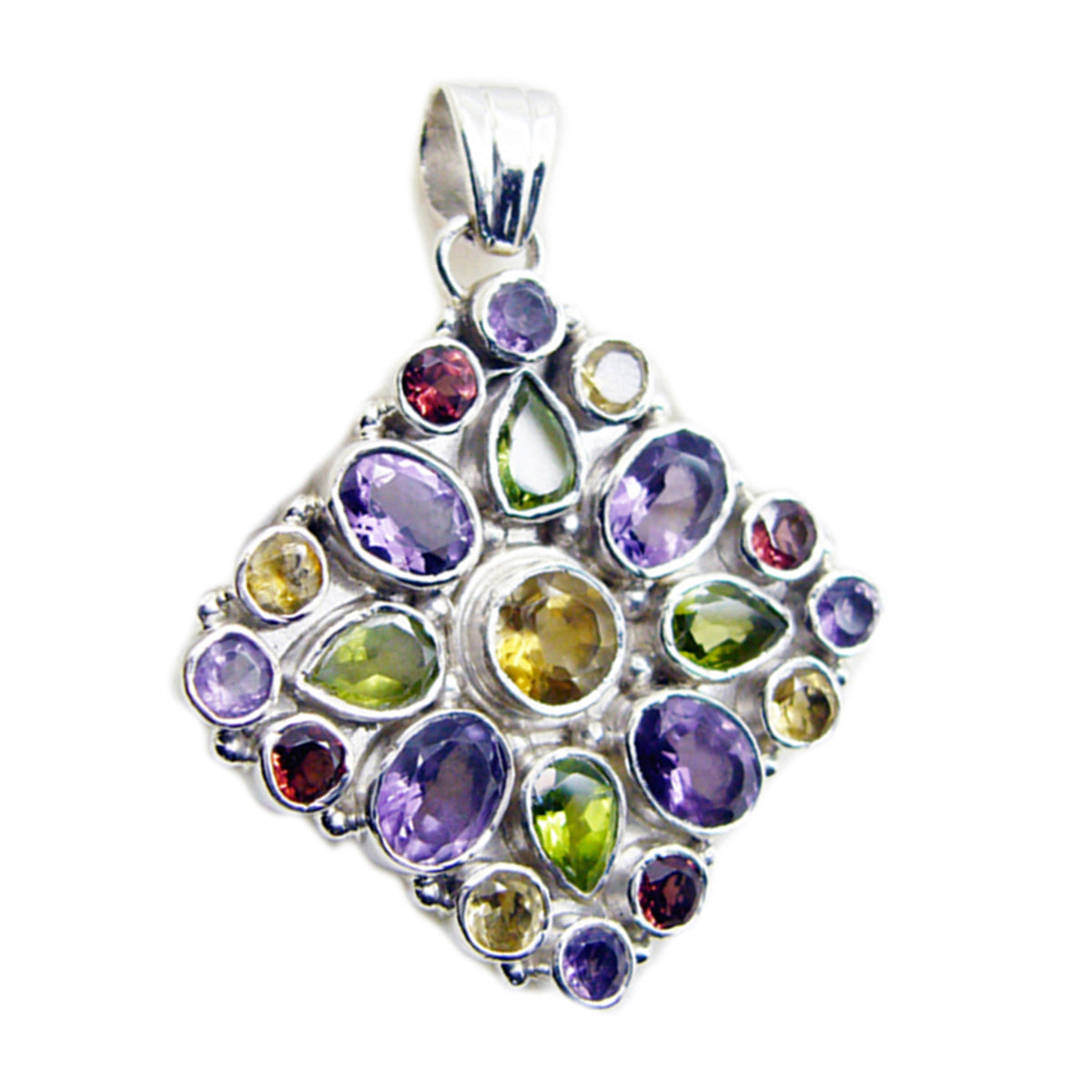 Riyo Cute Gems Multi Faceted Multi Color Multi Stone Solid Silver Pendant Gift For Anniversary