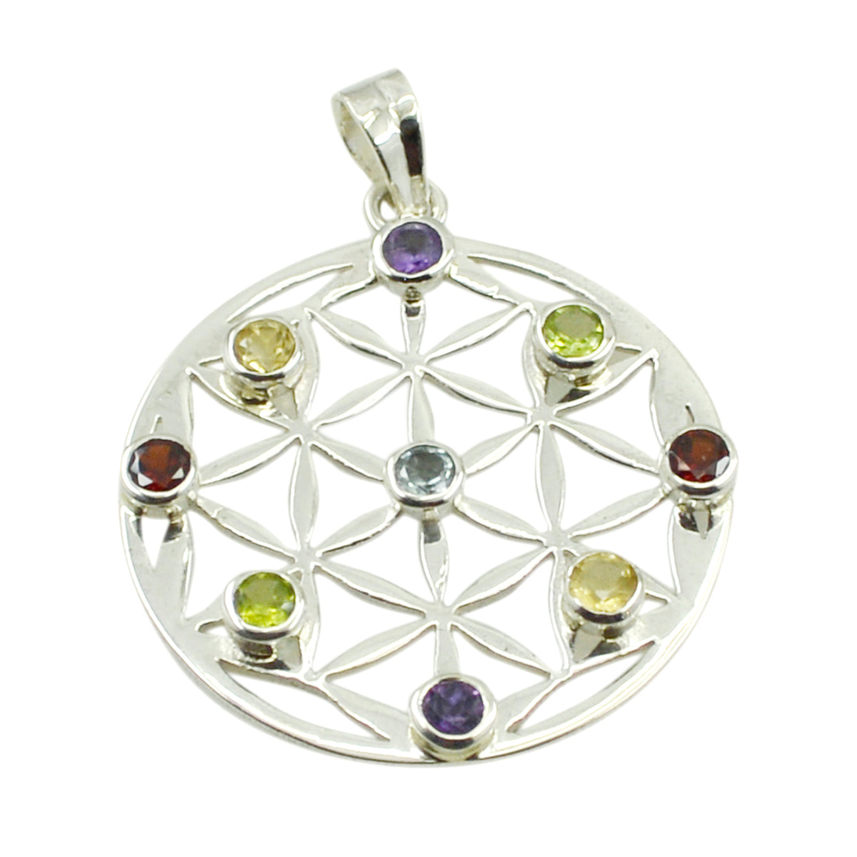 Riyo Beddable Gemstone Round Faceted Multi Color Multi Stone 1016 Sterling Silver Pendant Gift For Girlfriend