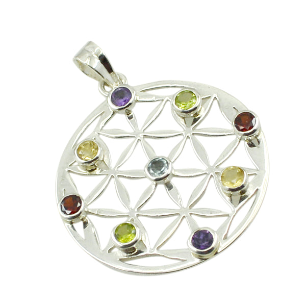 Riyo Beddable Gemstone Round Faceted Multi Color Multi Stone 1016 Sterling Silver Pendant Gift For Girlfriend