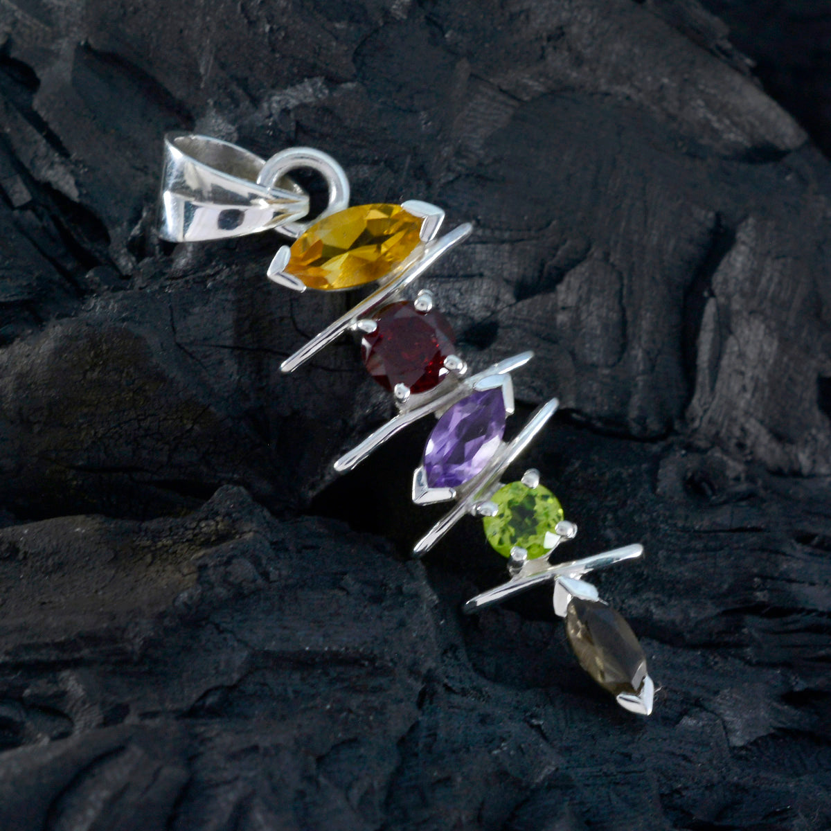 Riyo Genuine Gems Multi Faceted Multi Color Multi Stone Silver Pendant Gift For Wife