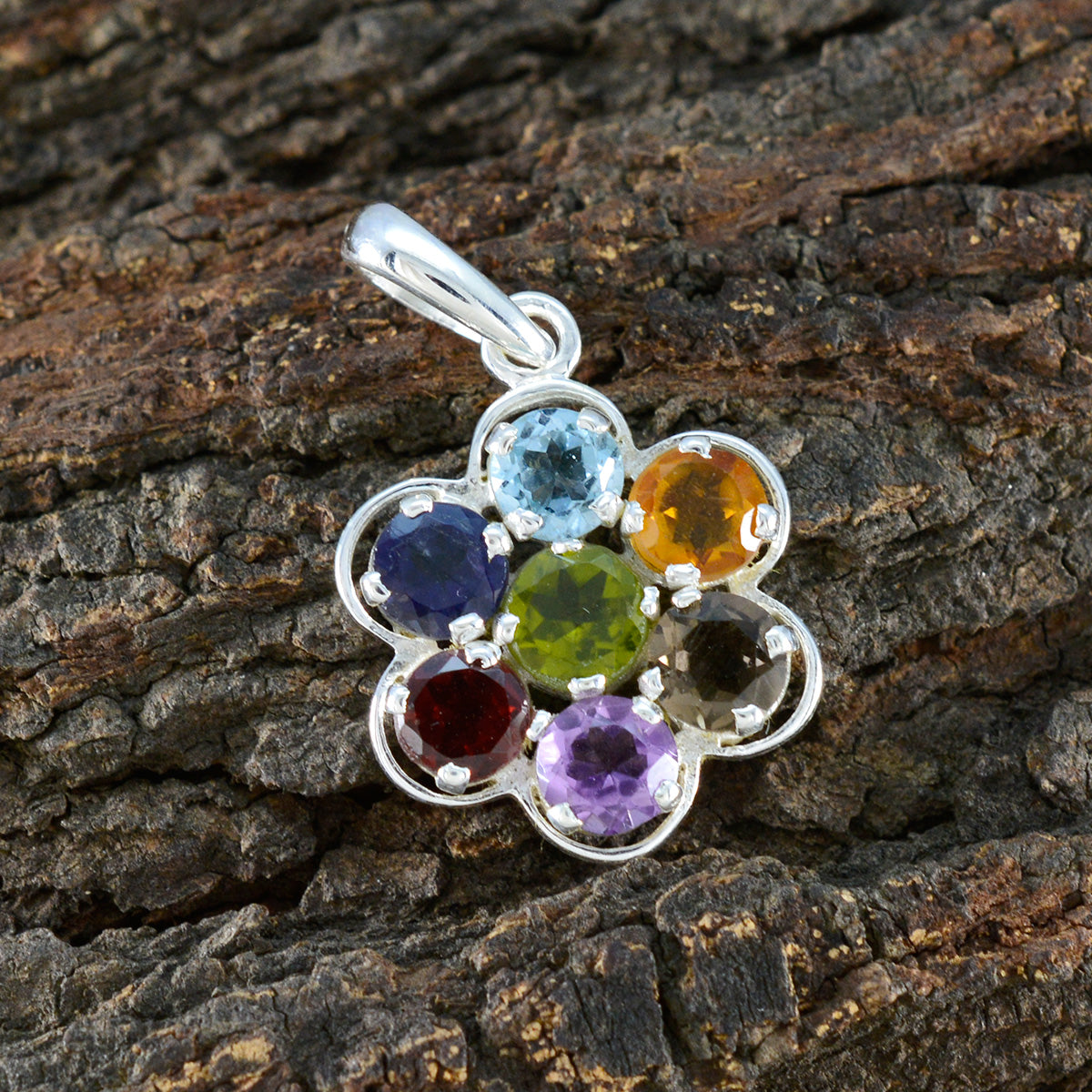 Riyo Irresistible Gemstone Round Faceted Multi Color Multi Stone Sterling Silver Pendant Gift For Handmade