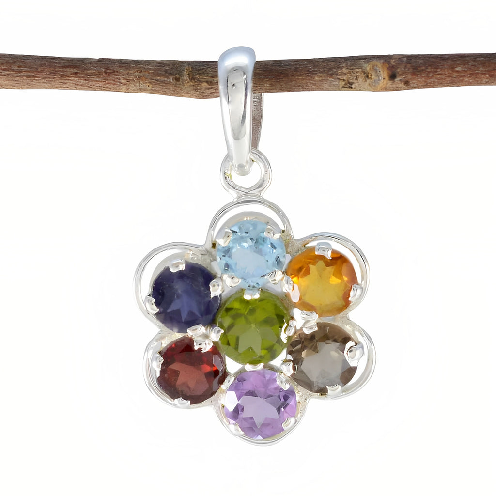 Riyo Irresistible Gemstone Round Faceted Multi Color Multi Stone Sterling Silver Pendant Gift For Handmade