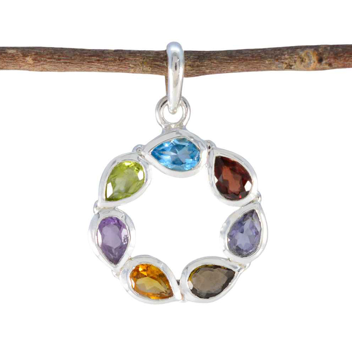 Riyo Fit Gems Pear Faceted Multi Color Multi Stone Solid Silver Pendant Gift For Wedding