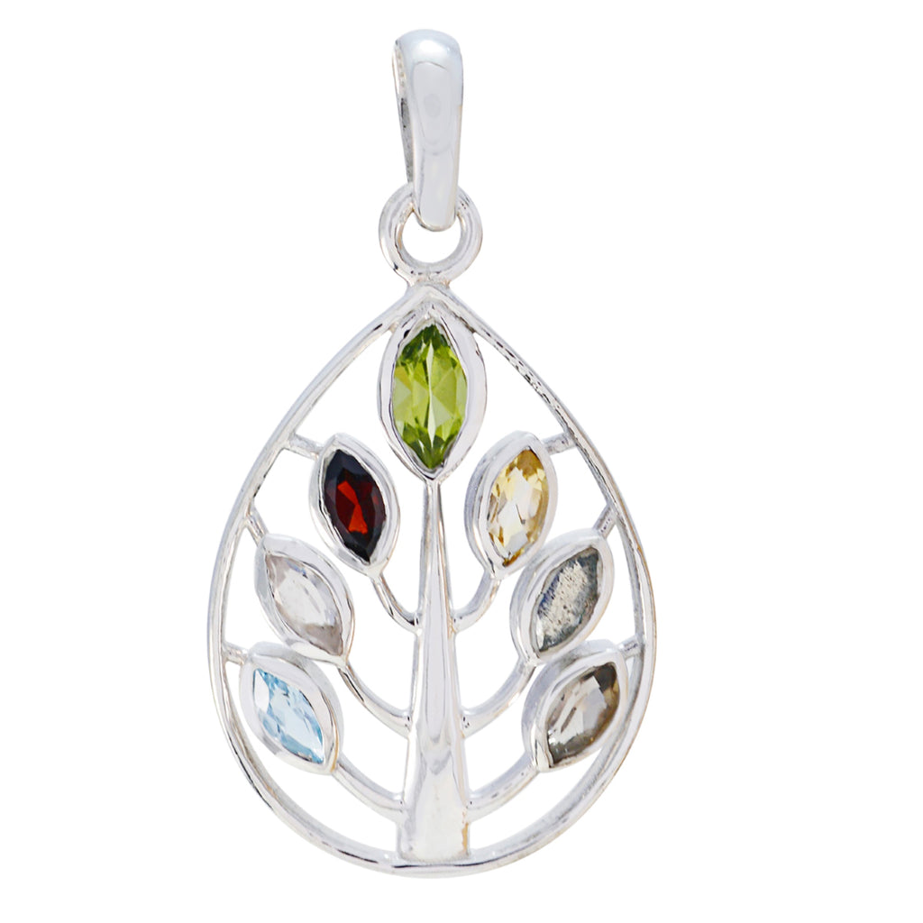 Riyo Hot Gems Marquise Faceted Multi Color Multi Stone Solid Silver Pendant Gift For Easter Sunday