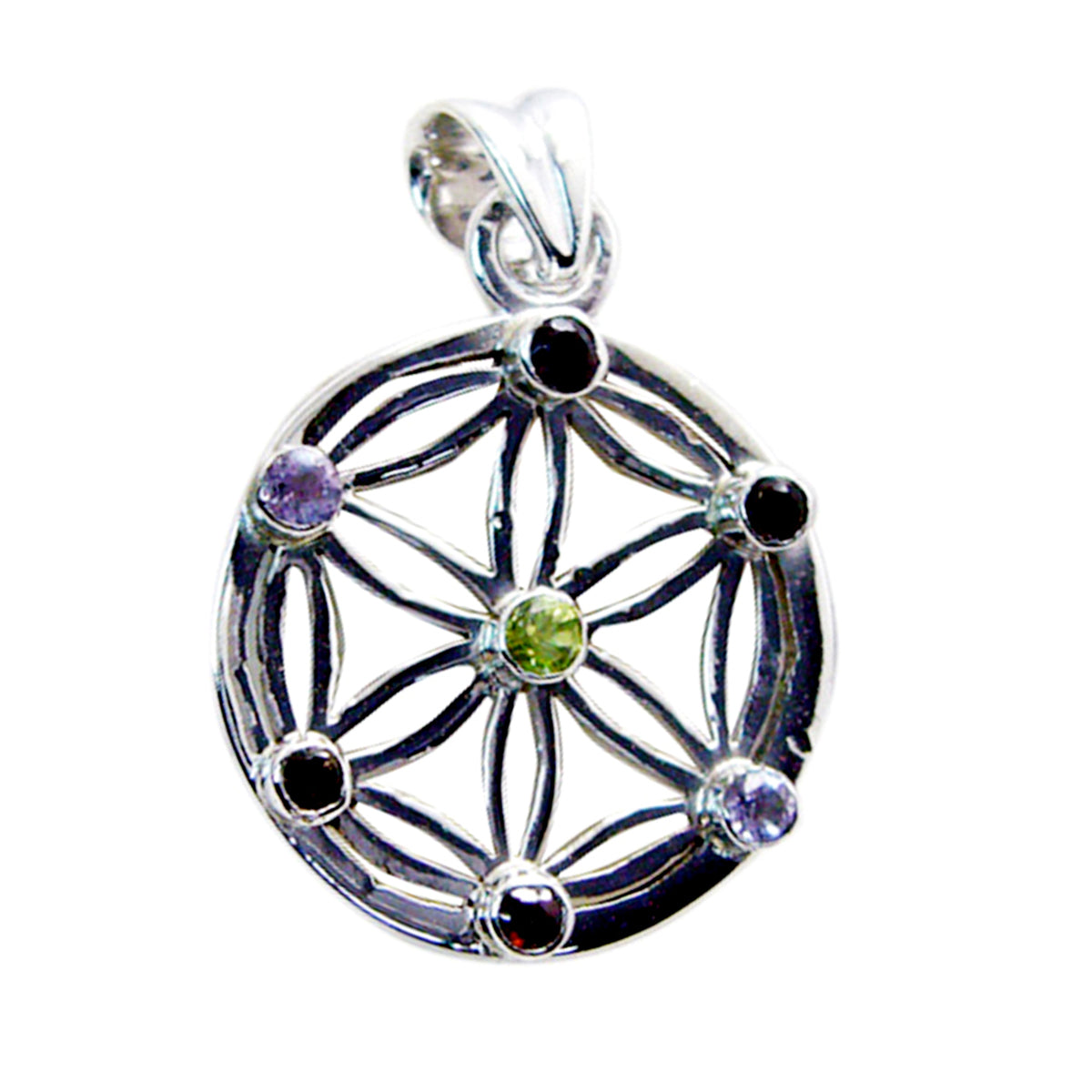Riyo Alluring Gemstone Round Faceted Multi Color Multi Stone 1021 Sterling Silver Pendant Gift For Birthday