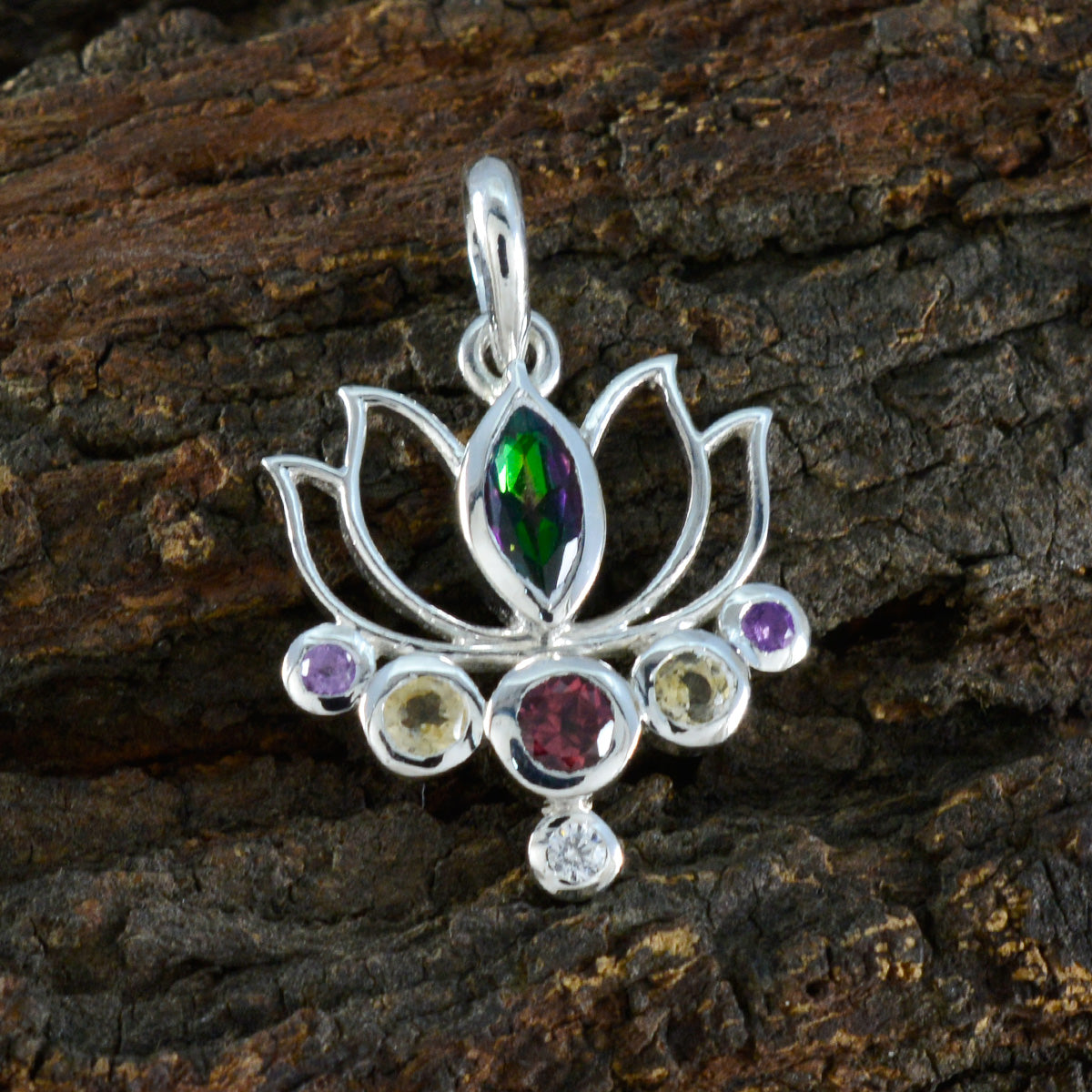 Riyo Spunky Gems Multi Faceted Multi Color Multi Stone Silver Pendant Gift For Engagement