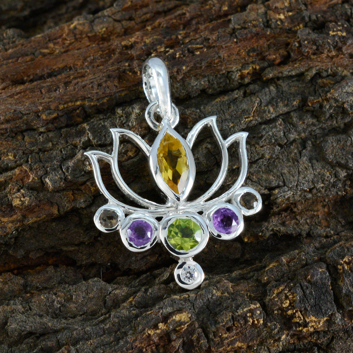 Riyo Comely Gems Multi Faceted Multi Color Multi Stone Solid Silver Pendant Gift For Anniversary
