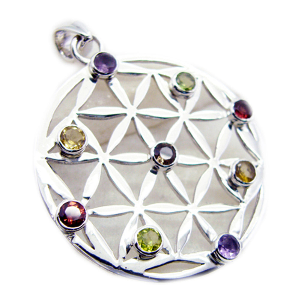 Riyo Cute Gemstone Round Faceted Multi Color Multi Stone 1017 Sterling Silver Pendant Gift For Birthday