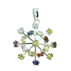 Riyo Beauteous Gems Oval Faceted Multi Color Multi Stone Solid Silver Pendant Gift For Easter Sunday