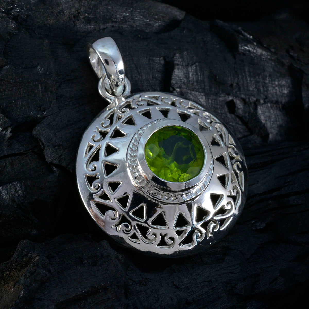 Riyo Nice Gems Round Faceted Green Peridot Solid Silver Pendant Gift For Good Friday