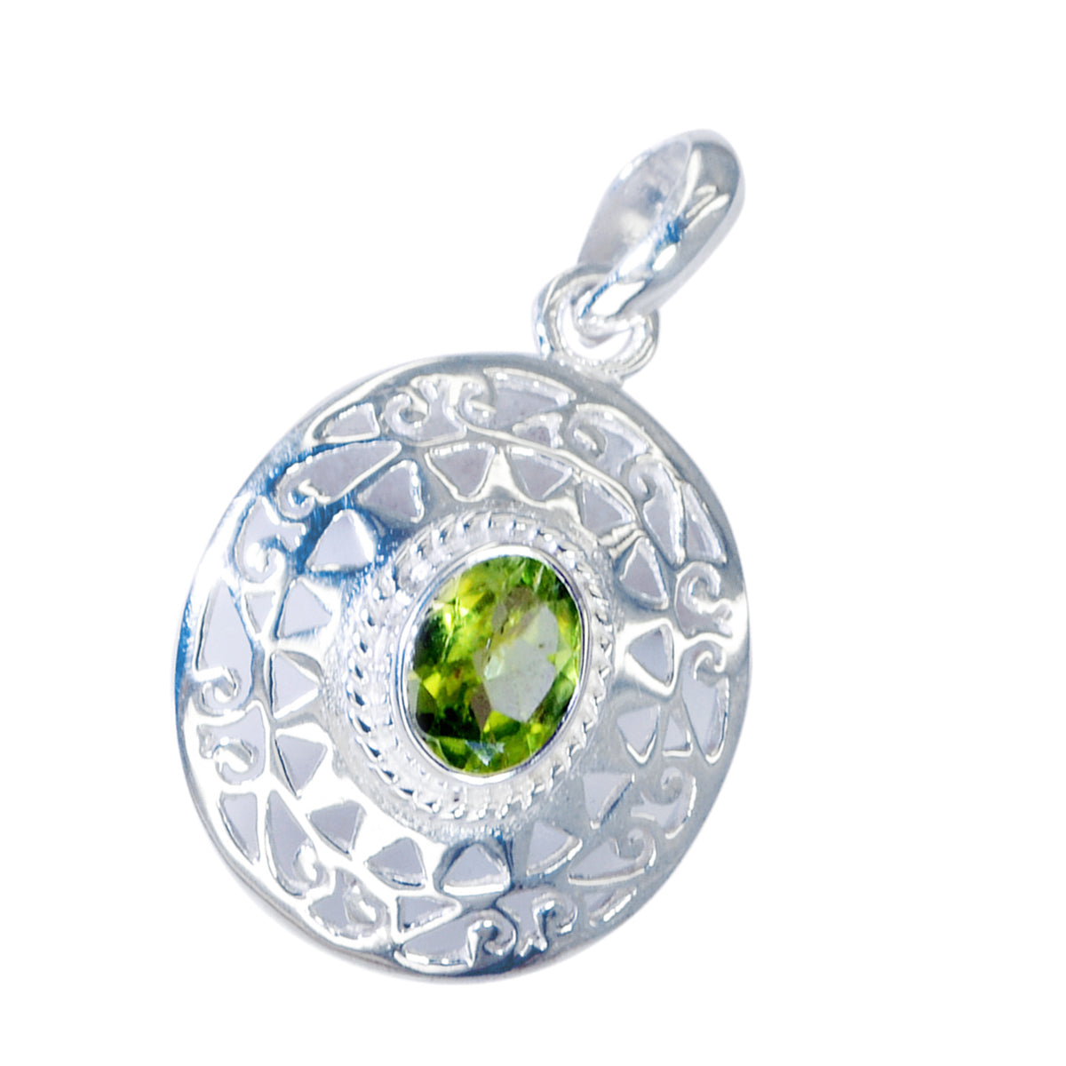Riyo Handsome Gemstone Round Faceted Green Peridot Sterling Silver Pendant Gift For Friend