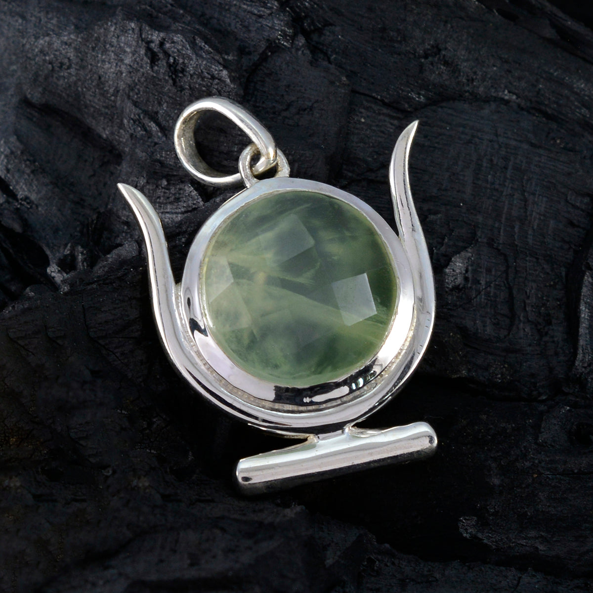 Riyo Heavenly Gemstone Round Checker Green Prehnite Sterling Silver Pendant Gift For Friend