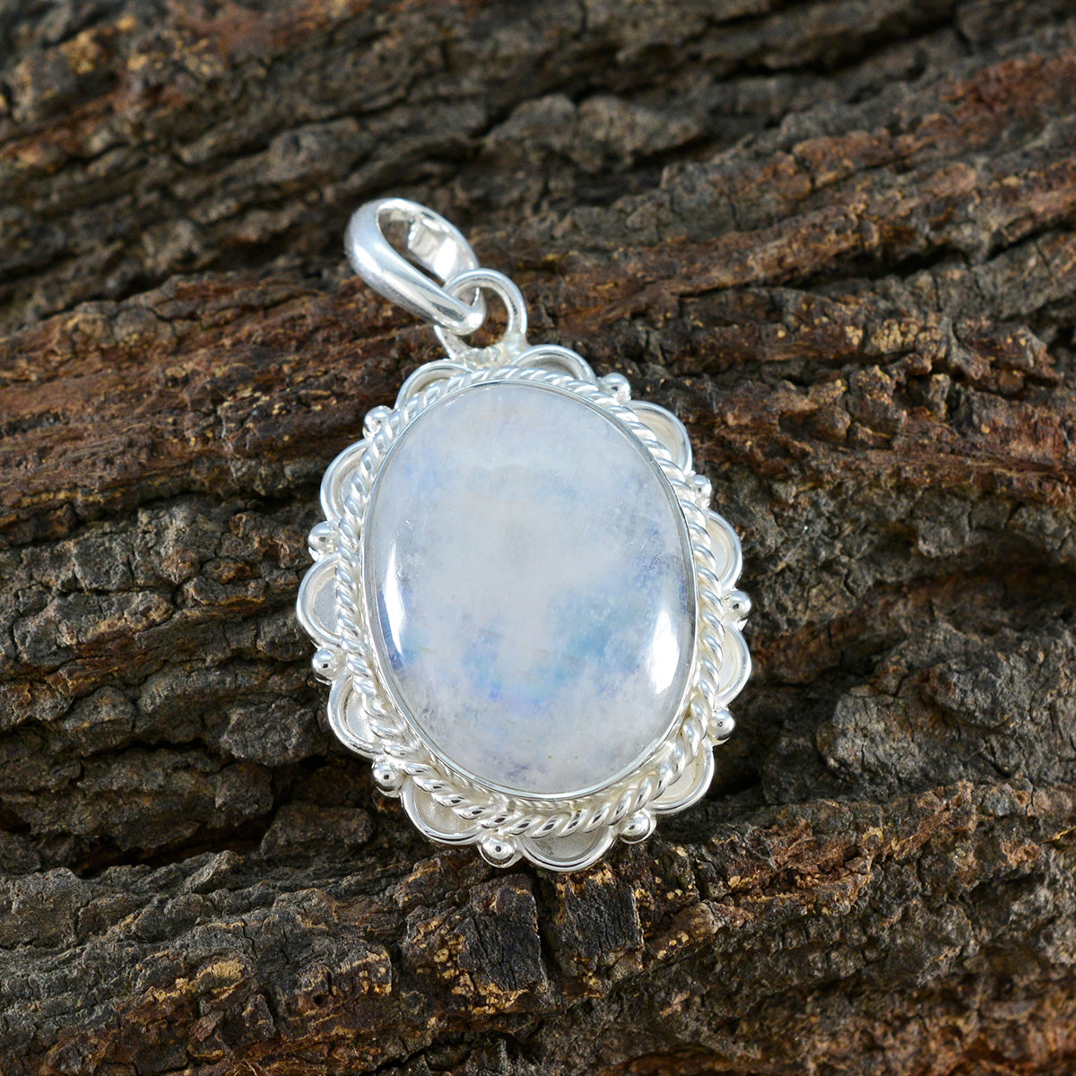 Riyo Beddable Gemstone Oval Cabochon White Rainbow Moonstone 1204 Sterling Silver Pendant Gift For Girlfriend