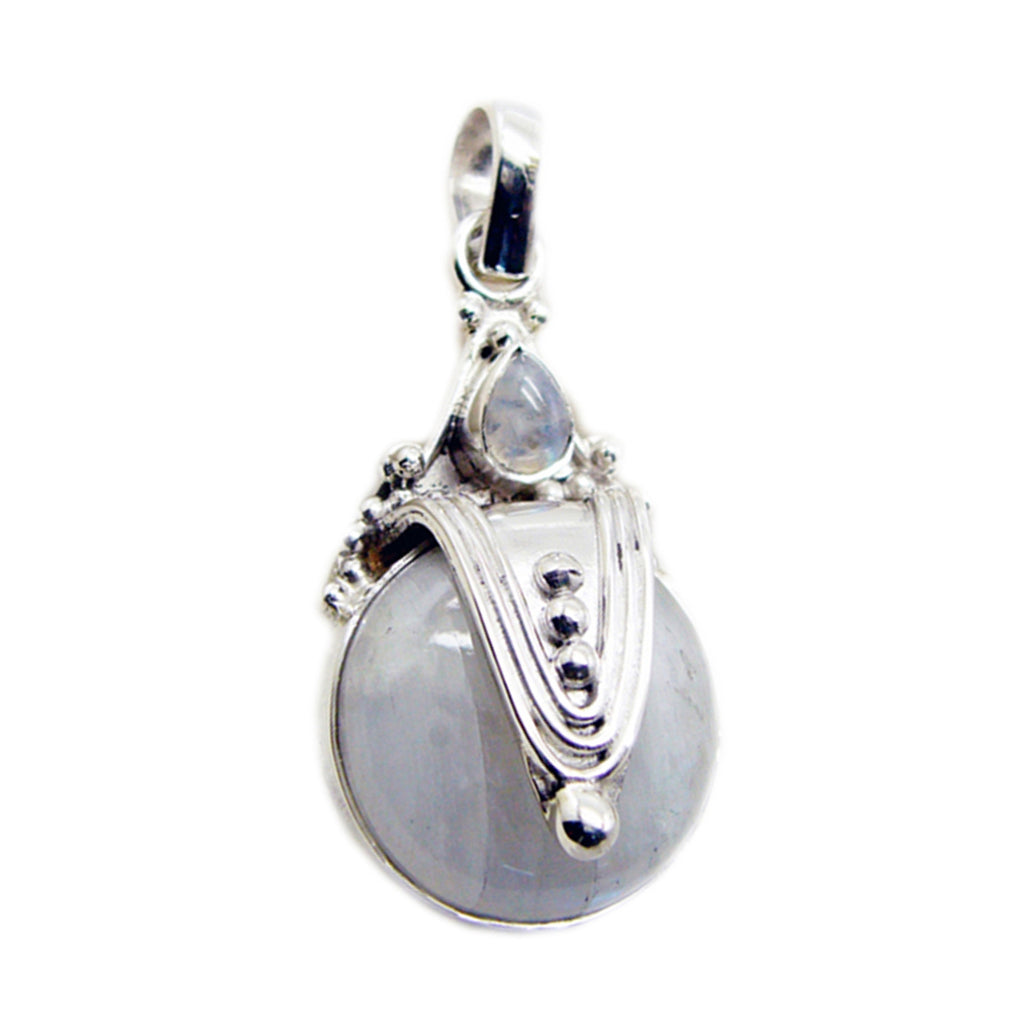 Riyo Pretty Gemstone Round Cabochon White Rainbow Moonstone Sterling Silver Pendant Gift For Handmade