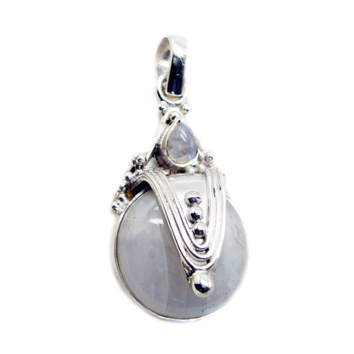 Riyo jolie pierre précieuse ronde cabochon blanc arc-en-ciel pierre de lune pendentif en argent sterling cadeau pour la main