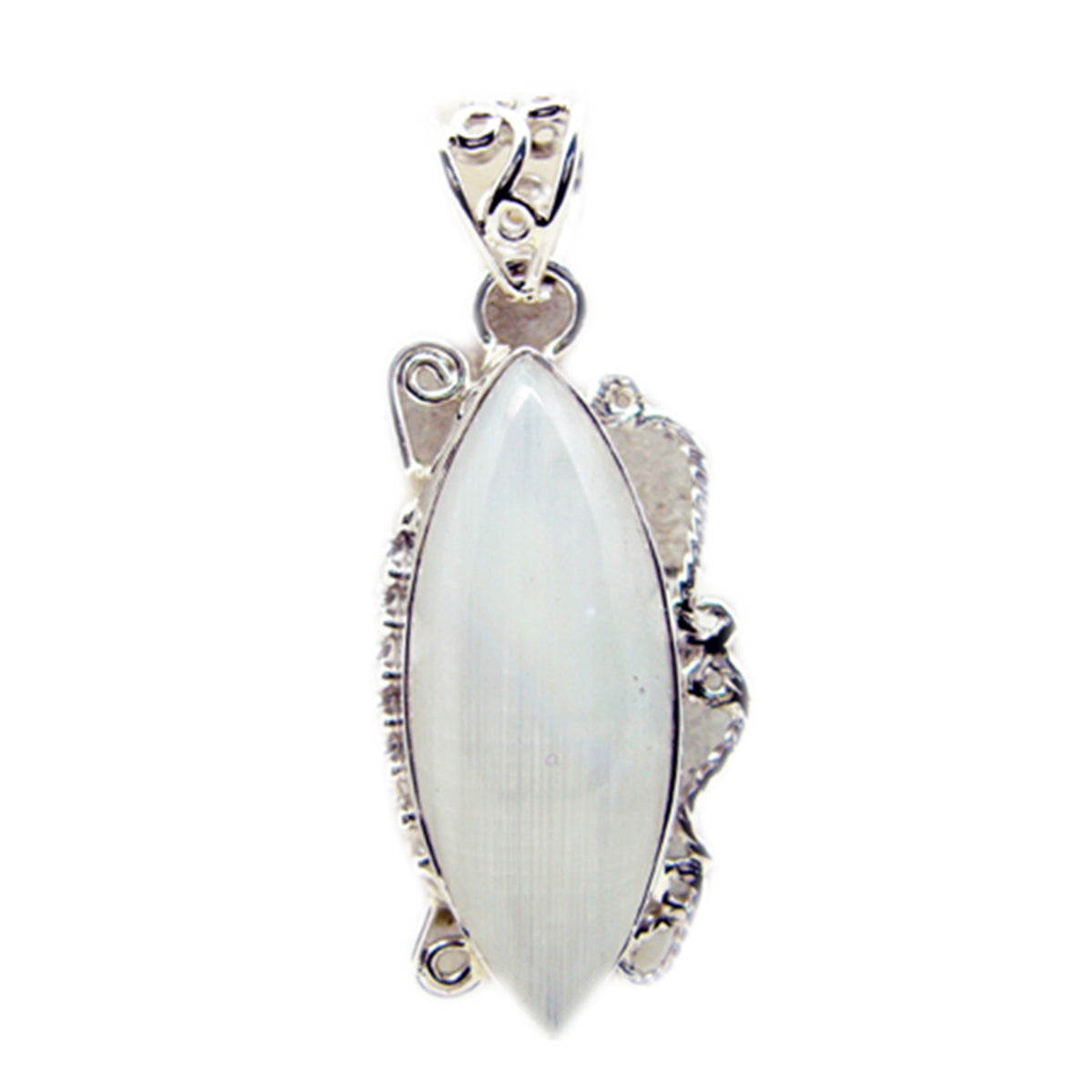 Riyo, piedra preciosa atractiva, cabujón marquesa, piedra lunar arcoíris blanca, colgante de plata de ley, regalo para amigo