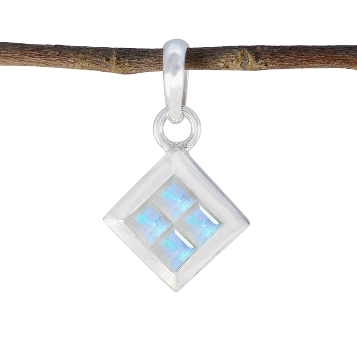 Riyo Drop Gems Quadratisch facettierter weißer Regenbogen-Mondstein-Silberanhänger, Geschenk für Frau