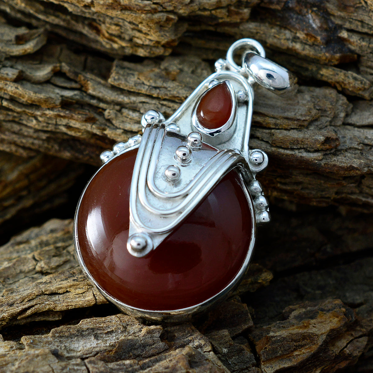 Riyo Handsome Gems Round Cabochon Red Red Onyx Solid Silver Pendant Gift For Good Friday