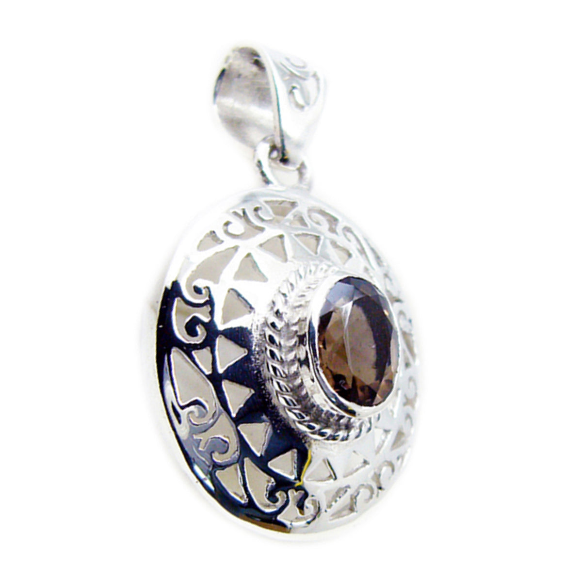 Riyo Good Gems Round Faceted Brown Smoky Quartz Solid Silver Pendant Gift For Anniversary