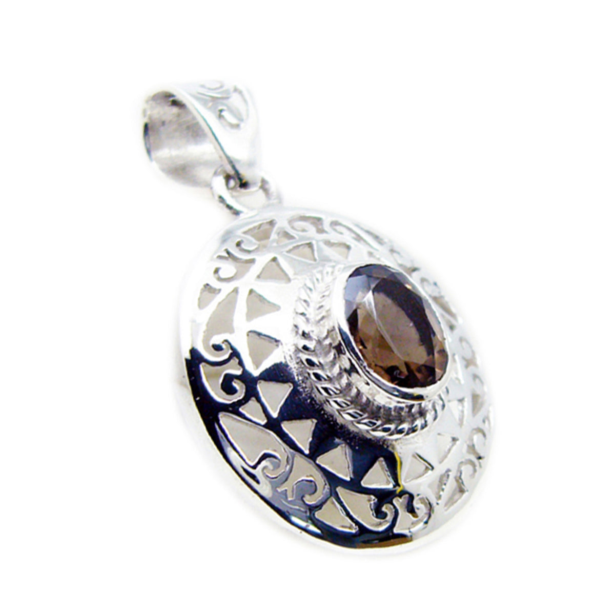 Riyo Good Gems Round Faceted Brown Smoky Quartz Solid Silver Pendant Gift For Anniversary