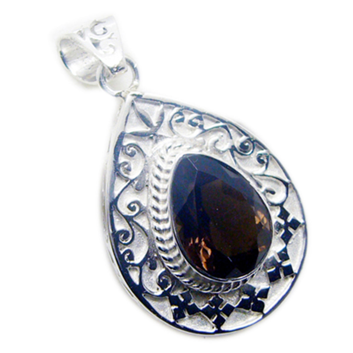 Riyo Graceful Gems Pear Faceted Brown Smoky Quartz Silver Pendant Gift For Boxing Day