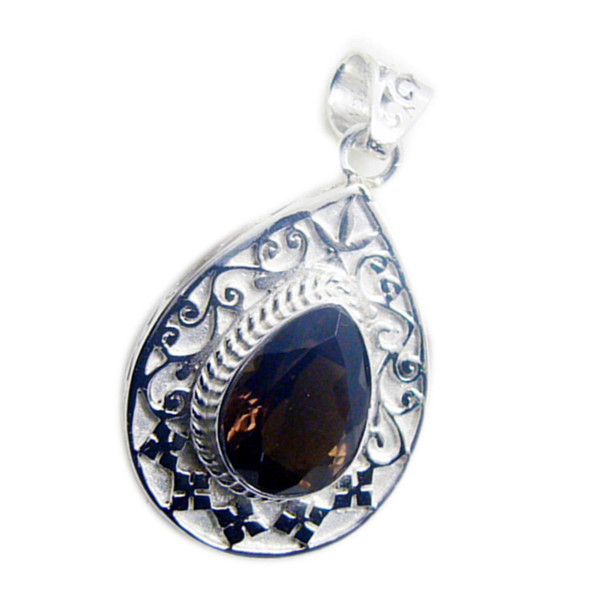 Riyo Graceful Gems Pear Faceted Brown Smoky Quartz Silver Pendant Gift For Boxing Day