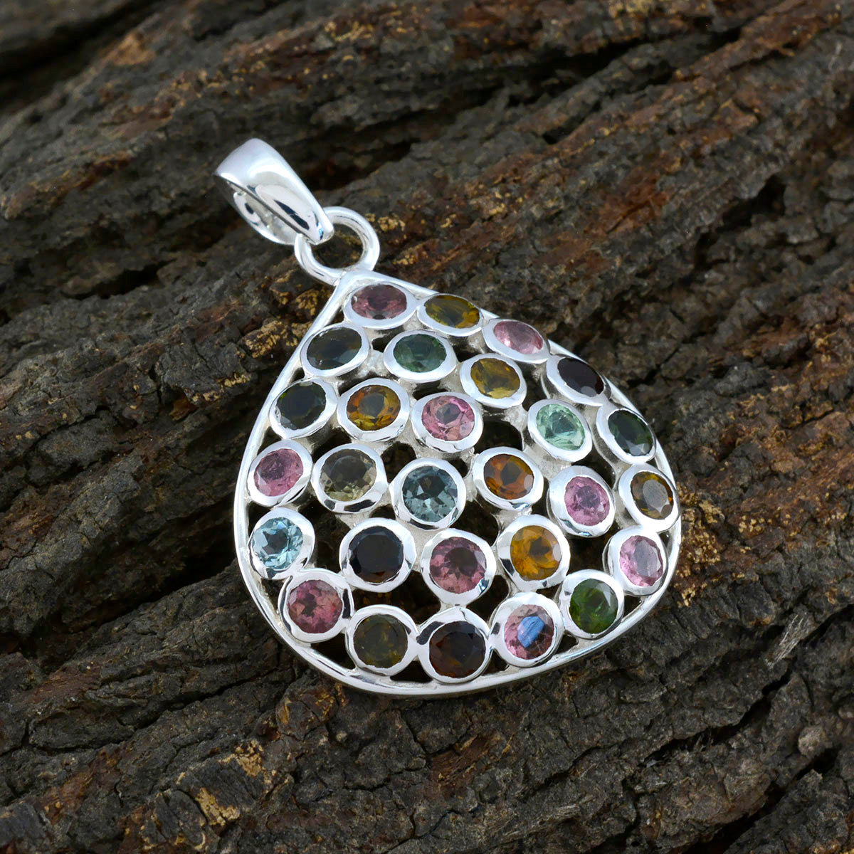 Riyo Nice Gemstone Round Faceted Multi Color Tourmaline 1031 Sterling Silver Pendant Gift For Teachers Day