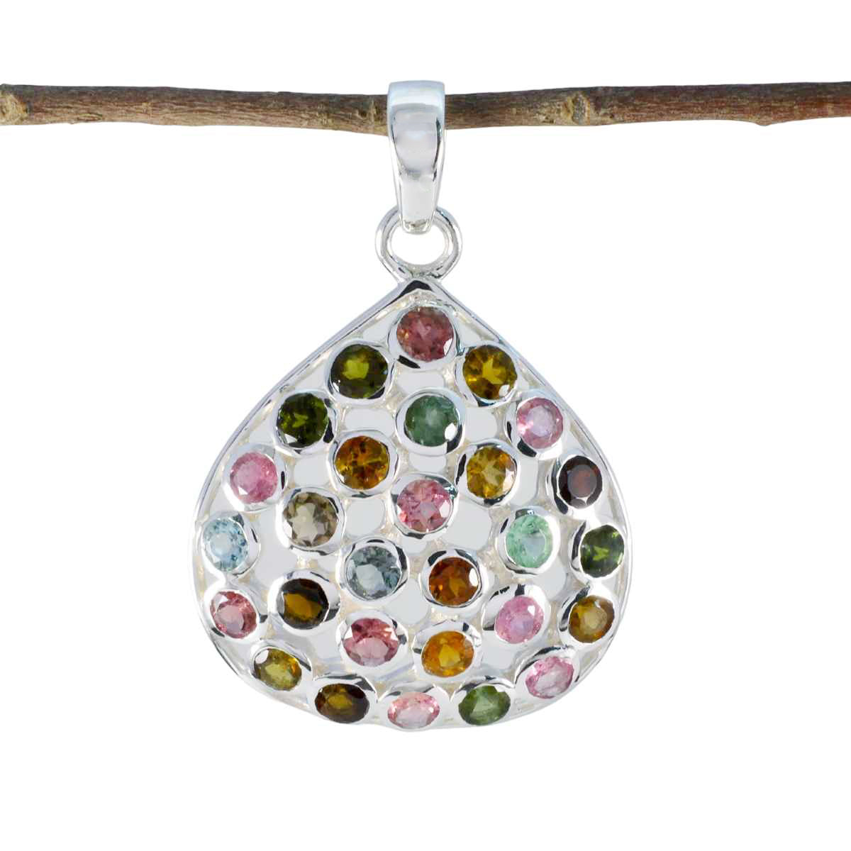 Riyo Nice Gemstone Round Faceted Multi Color Tourmaline 1031 Sterling Silver Pendant Gift For Teachers Day