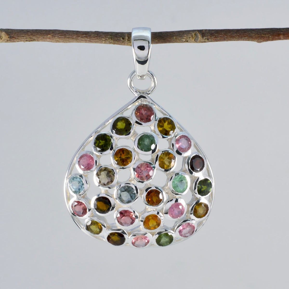 Riyo bonita piedra preciosa redonda facetada turmalina multicolor colgante de plata de ley 1031 regalo para el día del maestro