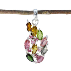 Riyo Alluring Gems Marquise Faceted Multi Color Tourmaline Solid Silver Pendant Gift For Anniversary