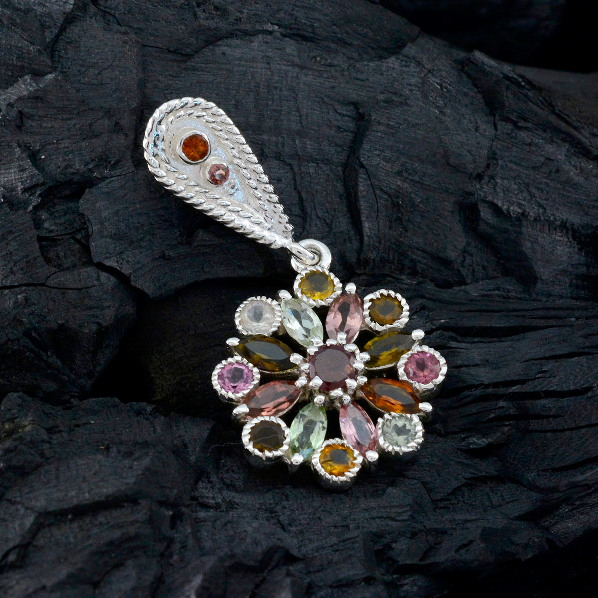 Riyo Handsome Gems Multi Faceted Multi Color Tourmaline Solid Silver Pendant Gift For Wedding