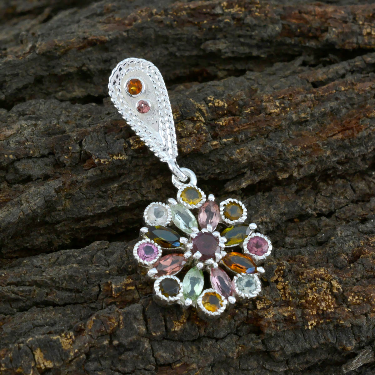 Riyo Handsome Gems Multi Faceted Multi Color Tourmaline Solid Silver Pendant Gift For Wedding
