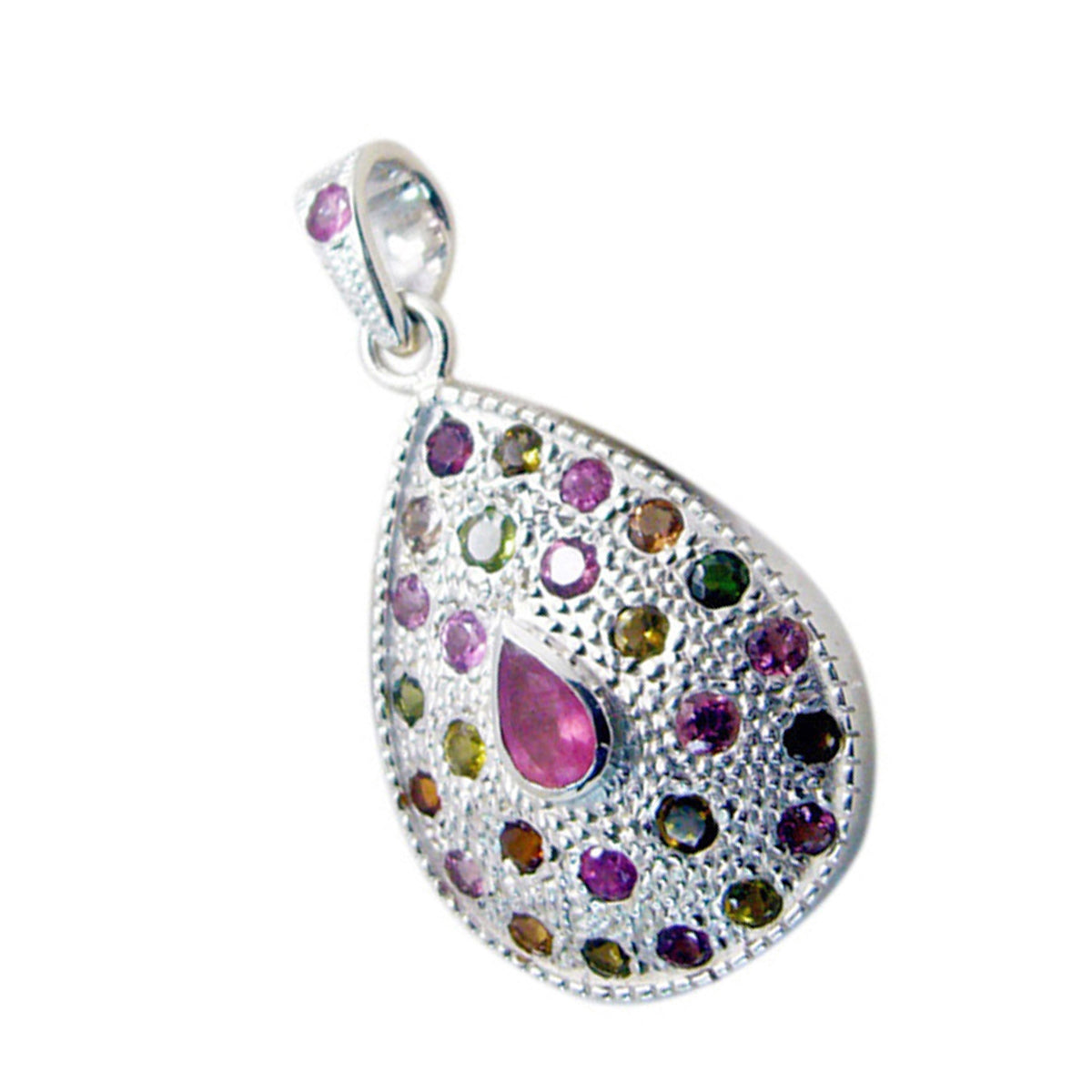 Riyo Pleasing Gemstone Multi Faceted Multi Color Tourmaline Sterling Silver Pendant Gift For Handmade