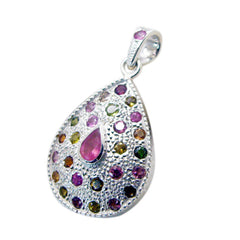 Riyo Pleasing Gemstone Multi Faceted Multi Color Tourmaline Sterling Silver Pendant Gift For Handmade