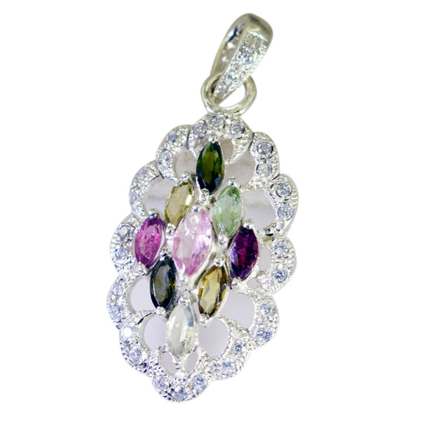 Riyo Glamorous Gems Oval Faceted Multi Color Tourmaline Silver Pendant Gift For Wife