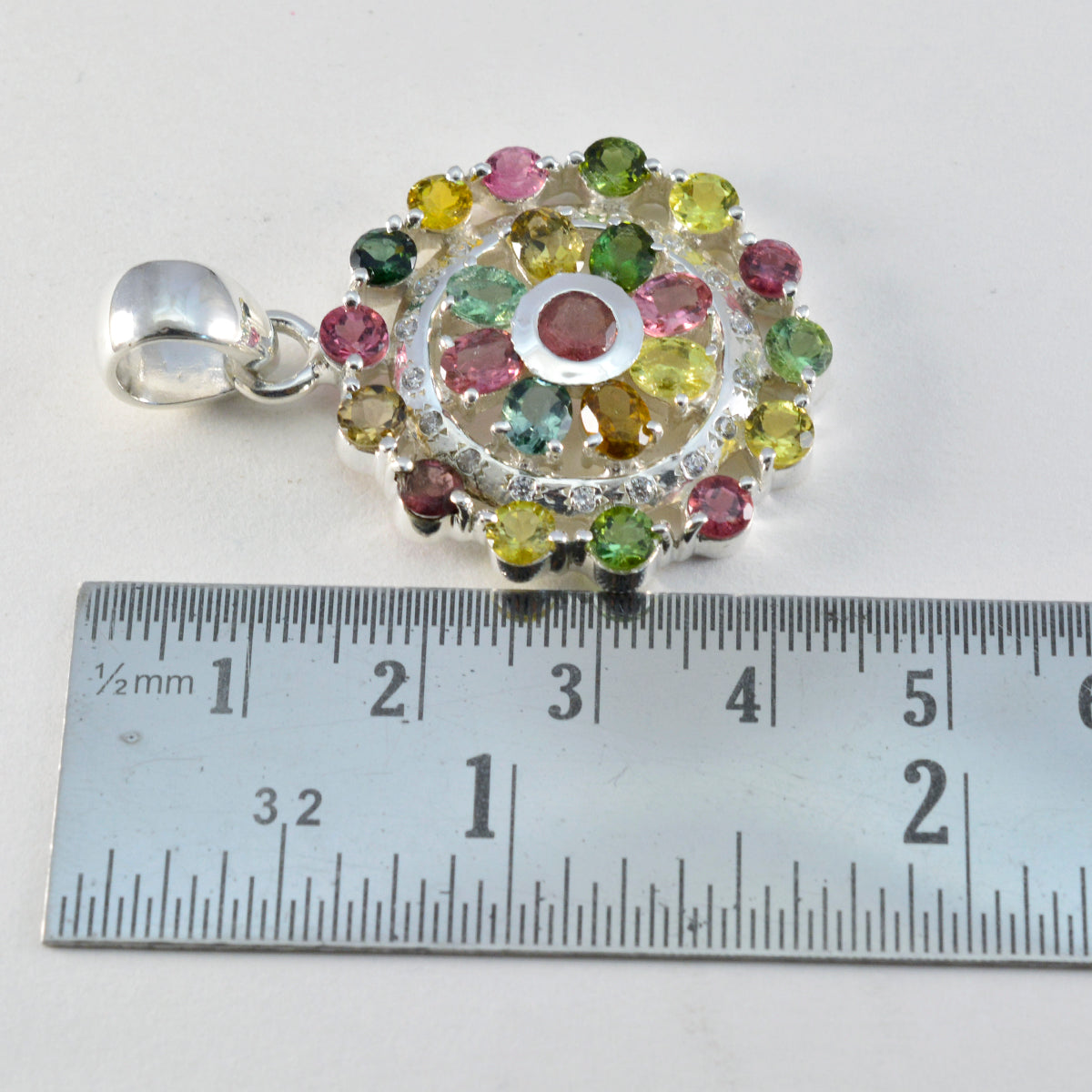 Riyo Elegant Gems Oval Faceted Multi Color Tourmaline Silver Pendant Gift For Sister