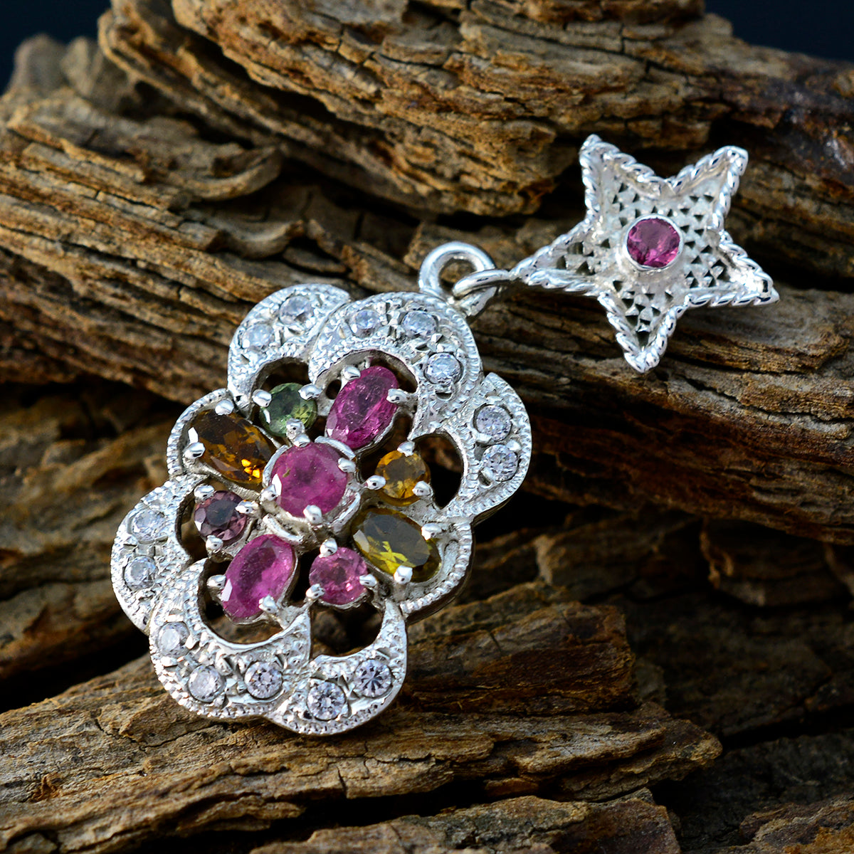 Riyo mignon pierre précieuse multi facettes multicolore tourmaline pendentif en argent sterling cadeau pour les femmes