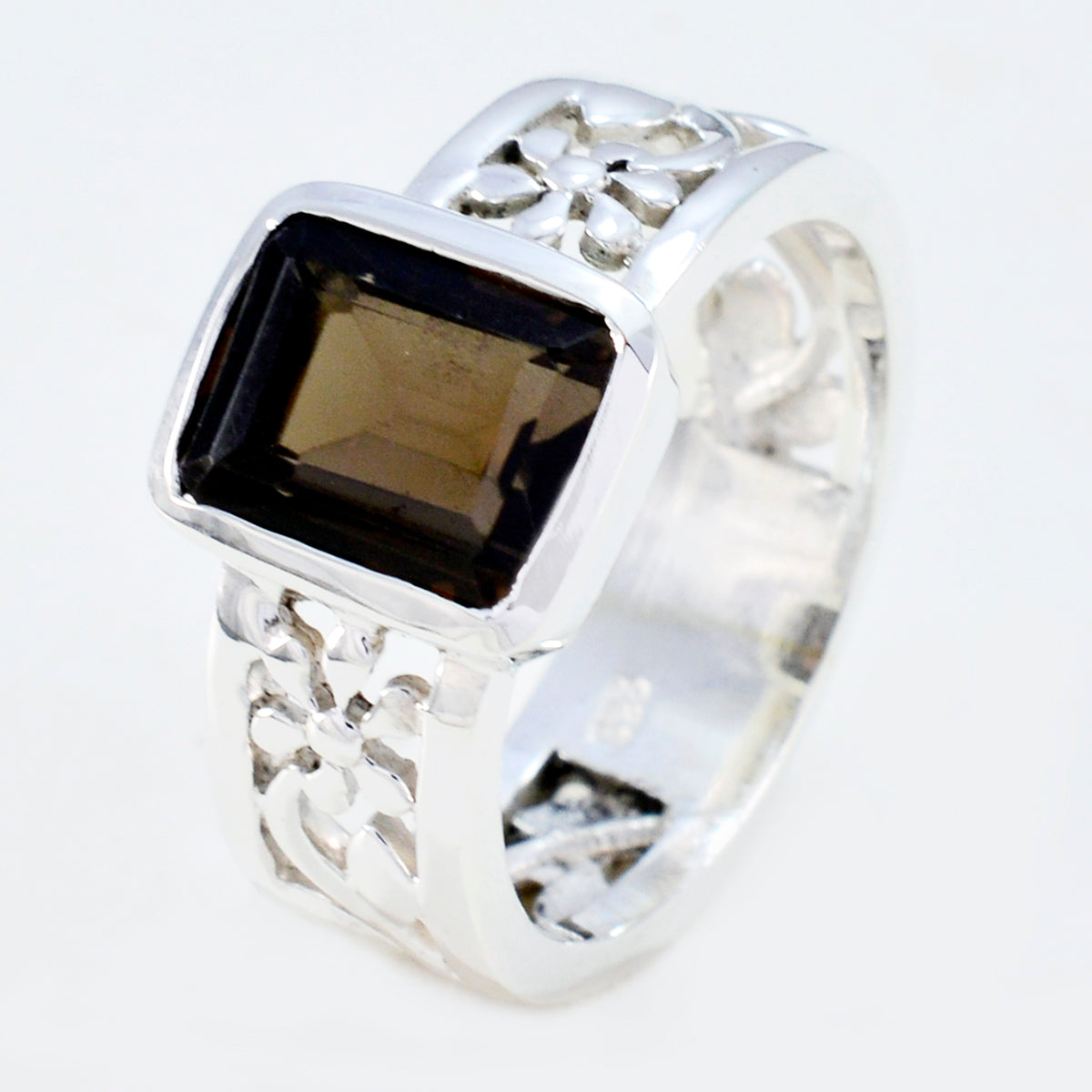 Almacenamiento de joyas de anillos de plata maciza de cuarzo ahumado con gemas fascinantes