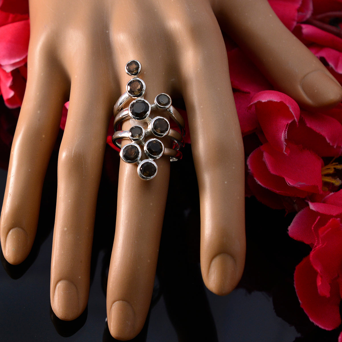 grazioso anello in argento 925 con quarzo fumé e pietra, gioielli Joan Rivers