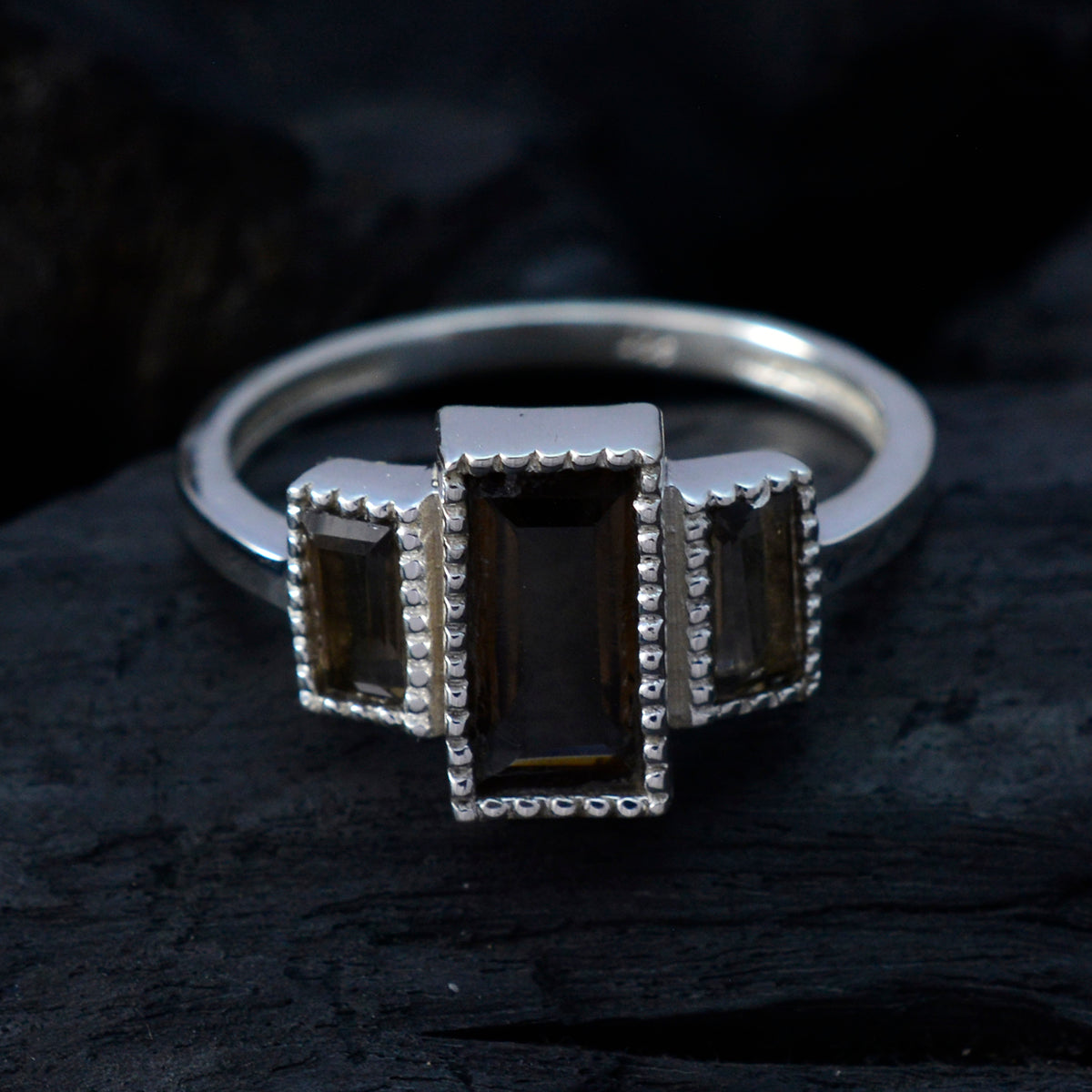anello in argento 925 con pietre preziose riyo, quarzo fumé, gioielli kings