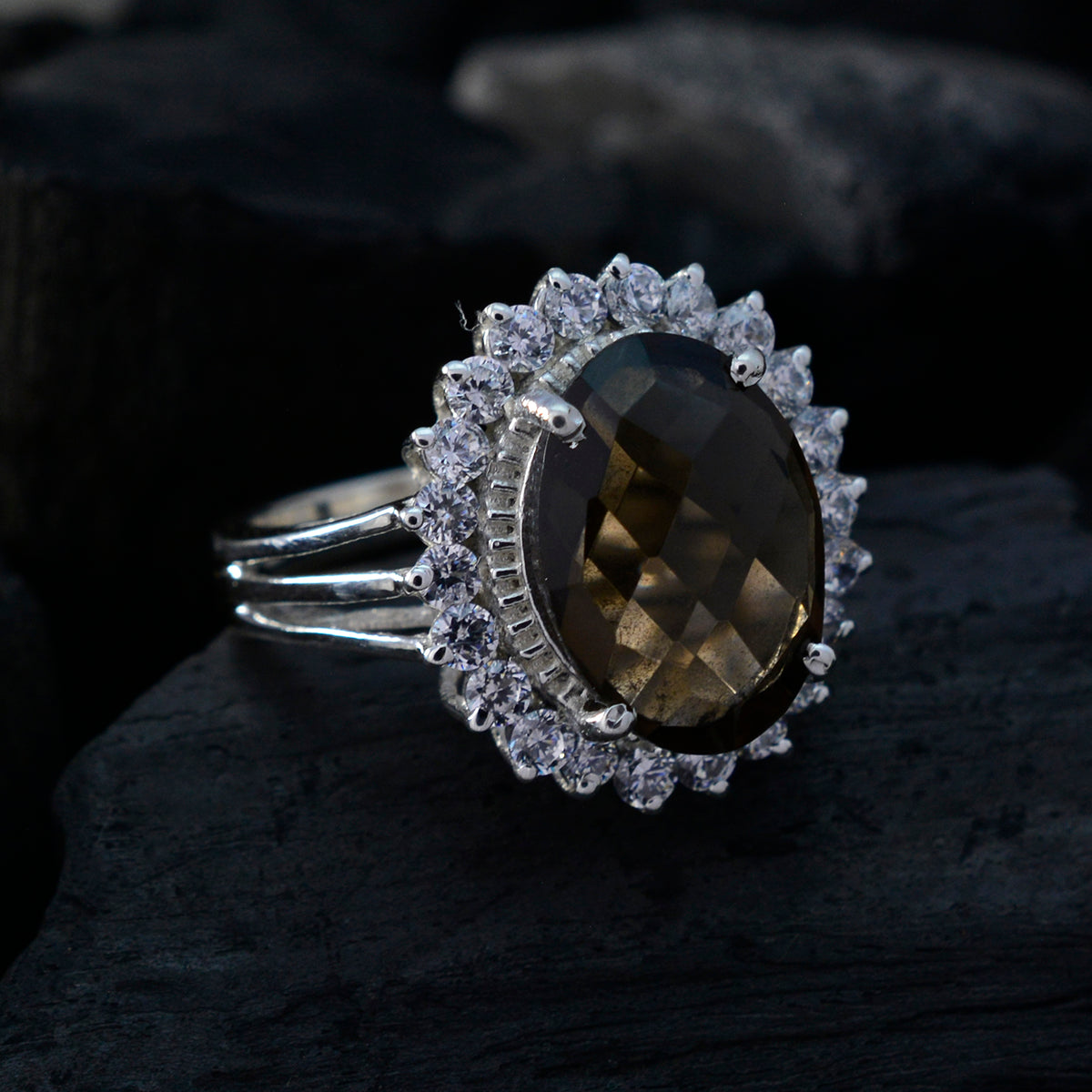 anello in argento sterling con gemme ben formate, quarzo fumé, gioielli coreani