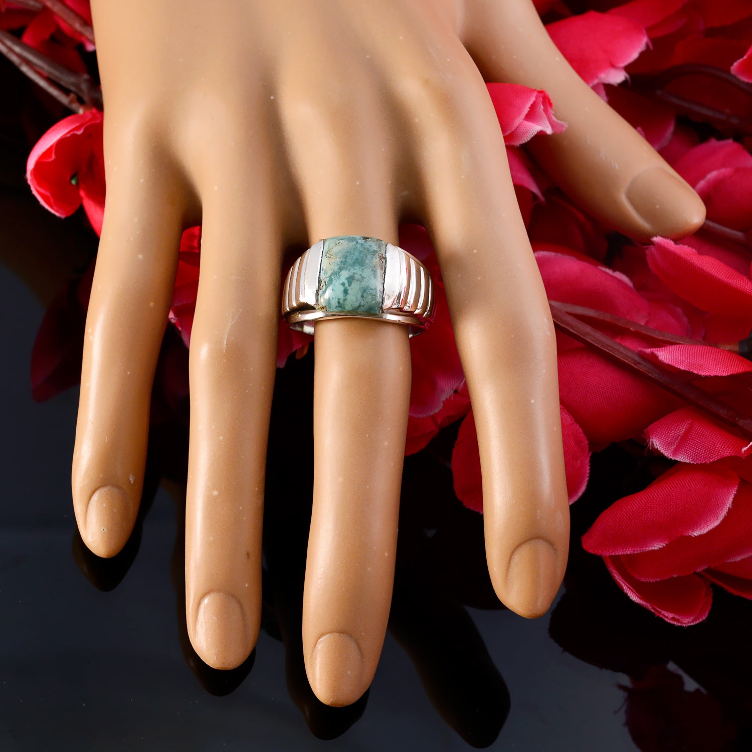 Ring aus Sterlingsilber mit strahlendem Edelstein und Türkis, personalisierter Schmuck