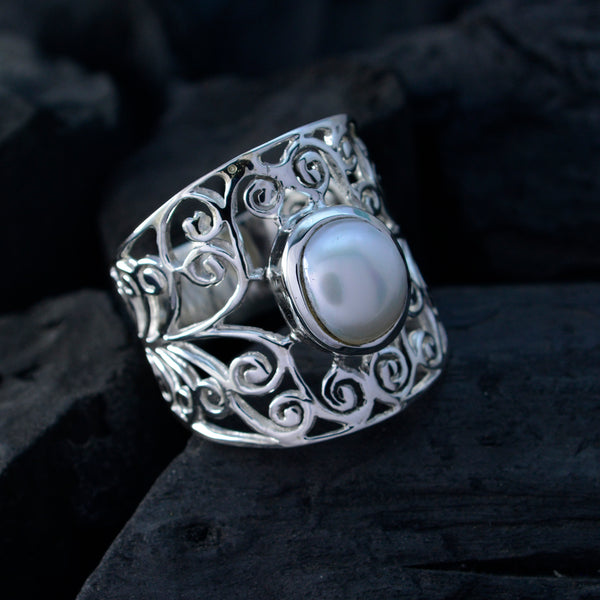 Riyo Radiant Gemstone Pearl Solid Silver Ring Real Flower Jewelry
