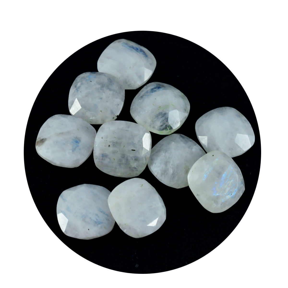riyogems 1 pieza piedra lunar arcoíris blanca facetada 10x10 mm forma de cojín piedra preciosa suelta de calidad fantástica