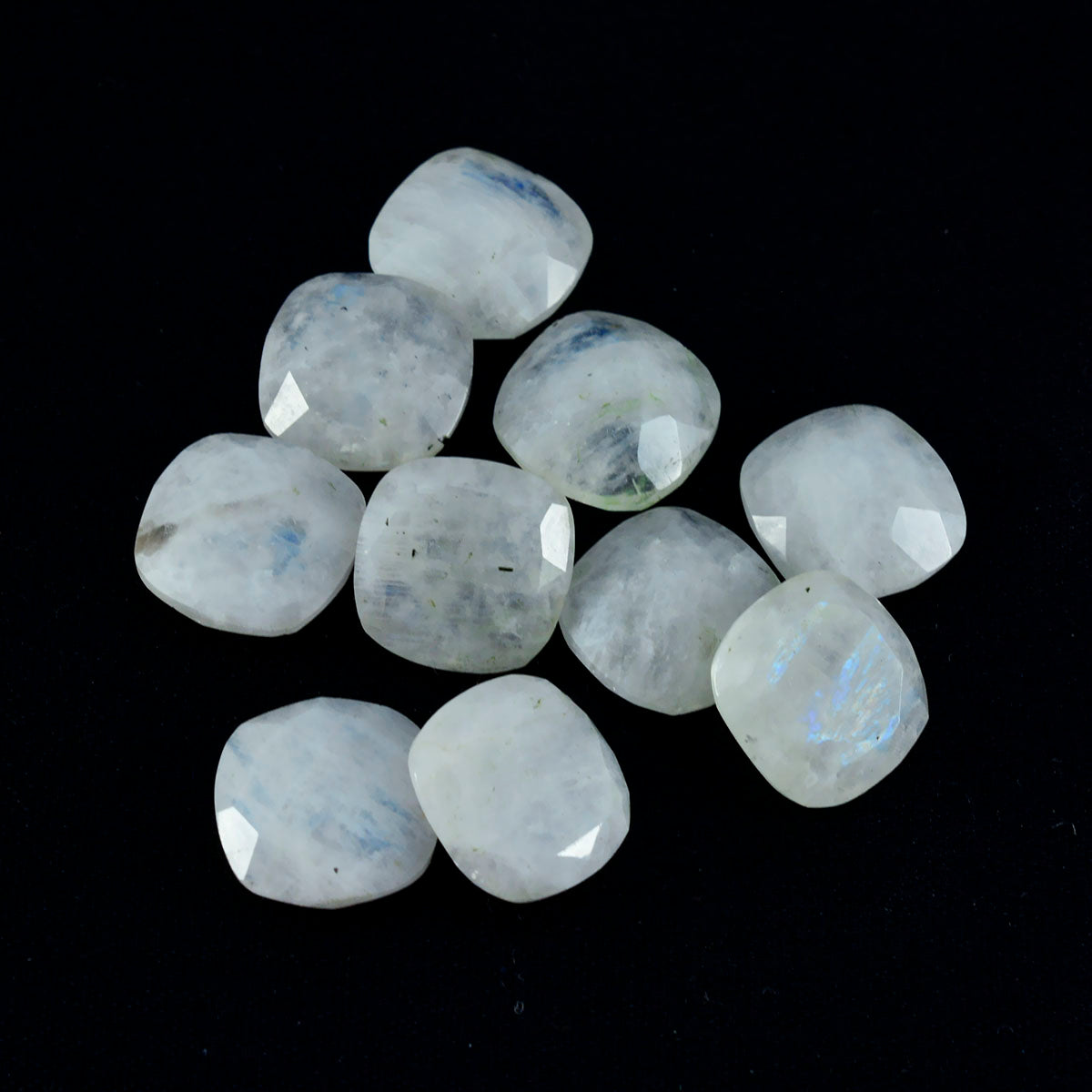 riyogems 1 pieza piedra lunar arcoíris blanca facetada 10x10 mm forma de cojín piedra preciosa suelta de calidad fantástica