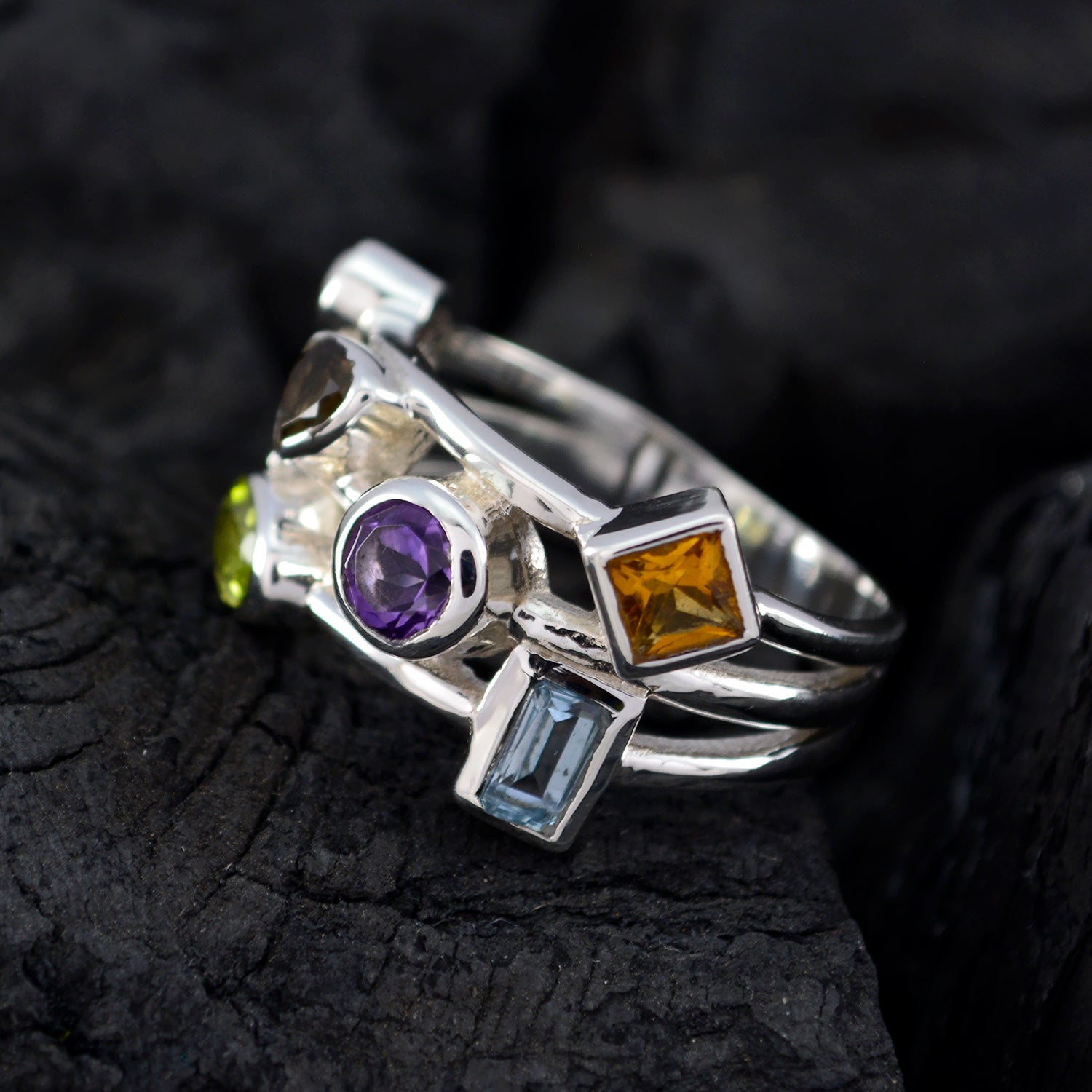 Well-Formed Gemstones Multi Stone Sterling Silver Ring Arm Jewelry